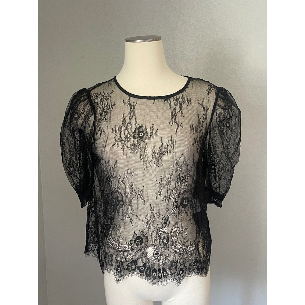 HM Divided Black Sheer Floral Lace Puff Sleeve Blouse Top NWT Small